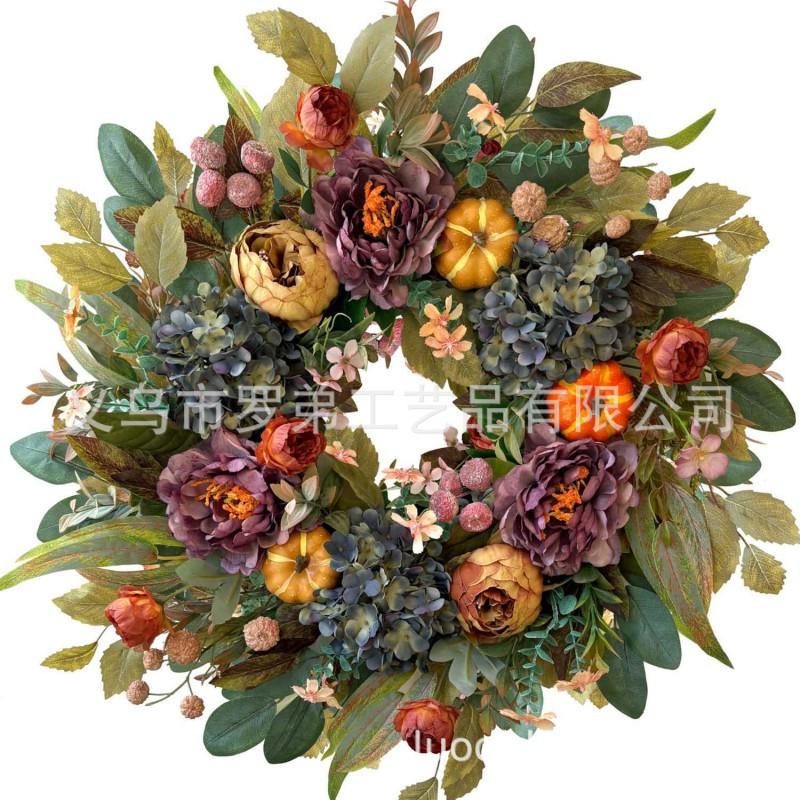 Harvest Wreath With Pumpkins Berries Vine Circle Halloween Thanksgiving Door Decor