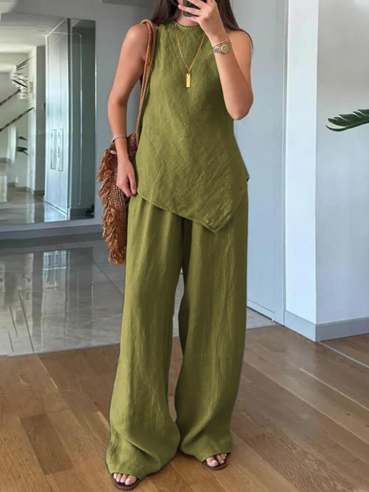 Ensemble Top Sans Manches et Pantalon Large pour Femme en 6 Couleurs