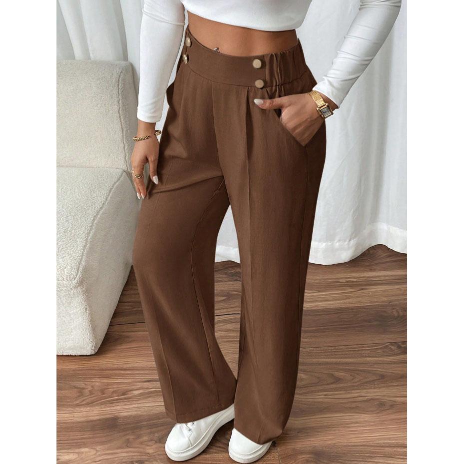 Women's High Waist Wide Leg Pants - Flowy Floor-Length Trousers Minimalist Straight Fit Lounge Pants with Elastic Wais