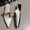 Fashion Summer New Baotou Cool Mopping Fashion Pointed Toe Shallow Mouth Pearl One-line Strap Versatile Simple Square Heel Half Slippers