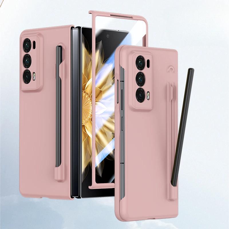 Luxury Armor Case for Honor Magic V2 Matte with Pen Skin Feel Transparent Screen and Solid Color Back Shockproof Hard Plastic Cover