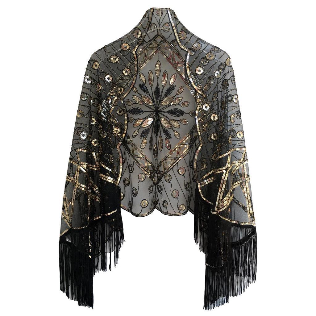 1920s Vintage Sequin Evening Dress with Shawl Cape for Banquets and Christmas