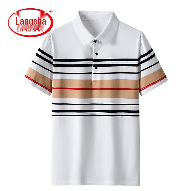 Langsha Men s Striped Lapel Casual Polo Shirt 3XL белый