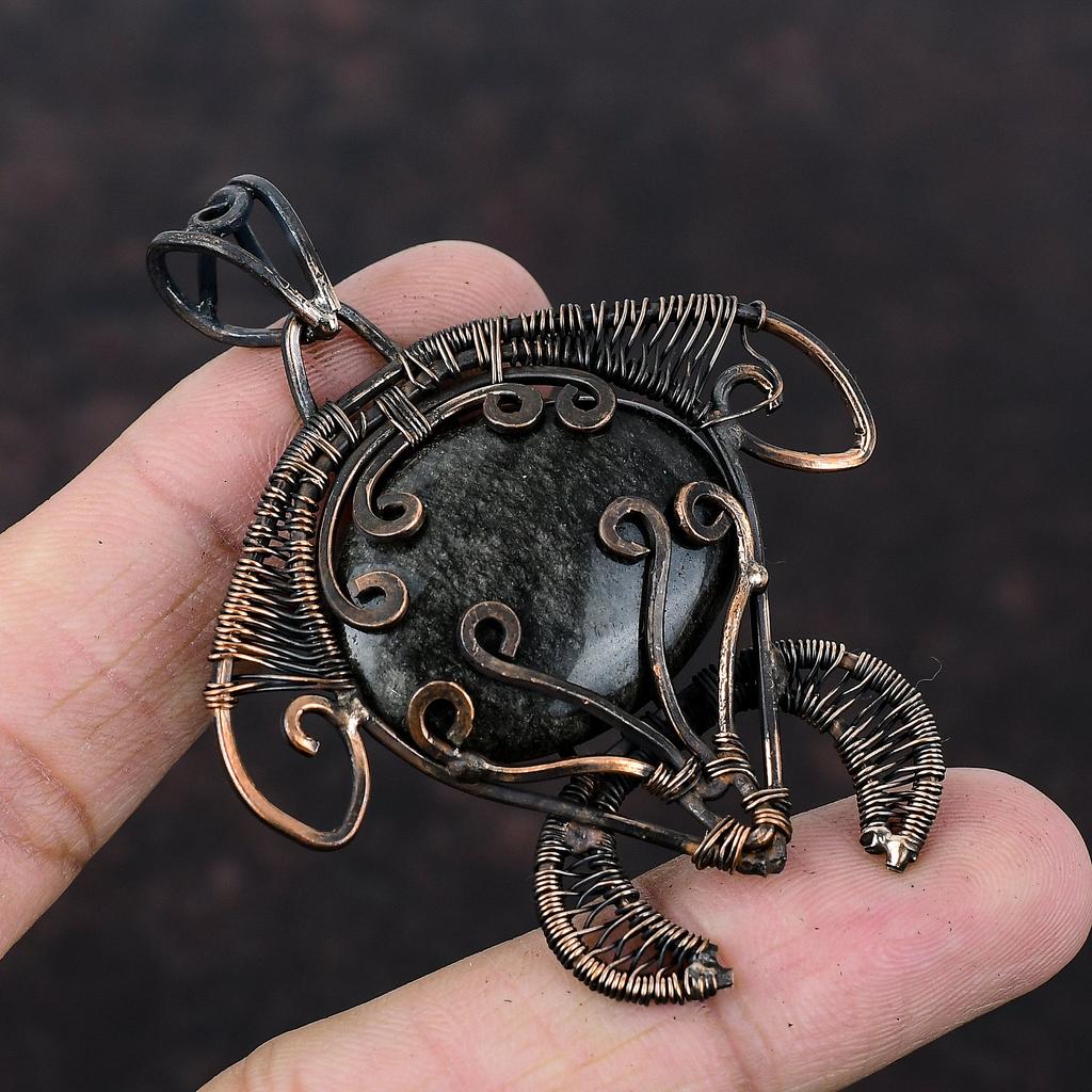 Silver Sheen Obsidian Pendant Copper Wire Wrapped Pendant Antique Copper Jewelry Gemstone Pendant Handmade Jewelry Tortoise Pendant For Gift