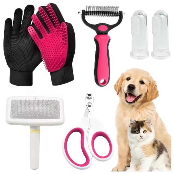 7 in 1 Pet Grooming Tools Kit for Cats Dogs Deshedding Brush Slicker Comb Nail Clippers Finger Toothbrush Pet Care Grooming Set