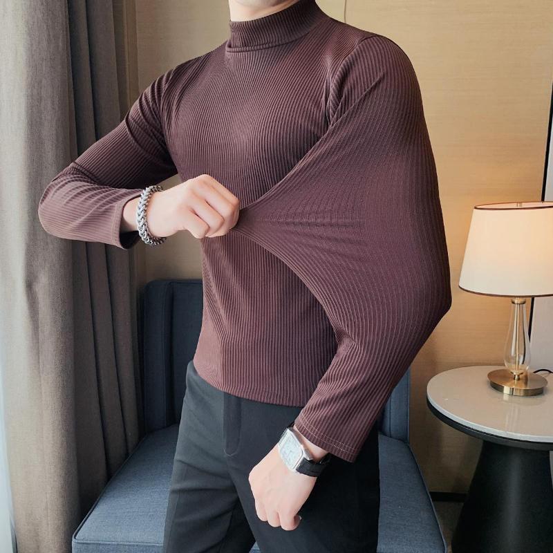 Smart Casual Podzimní Nové Pánské Klopové Jednobarevné Polovysoký Límec Jednoduchost Móda Slim Spodní Tričko Dlouhý Rukáv Trička Topy