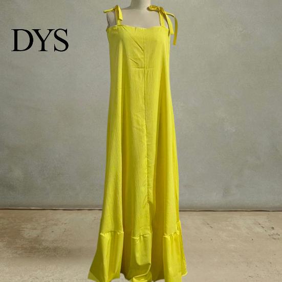 Loose Fit Summer Dress Women's Casual Tie Shoulder Sleeveless Square Fresh Natural Look Neck Maxi A-Line Ruffle Flowy Beach Sundress Spring