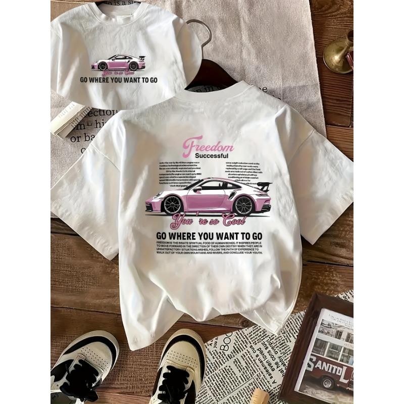 Pink sports car fashion car pattern, casual cool short sleeved top suitable for daily wear in summer 110