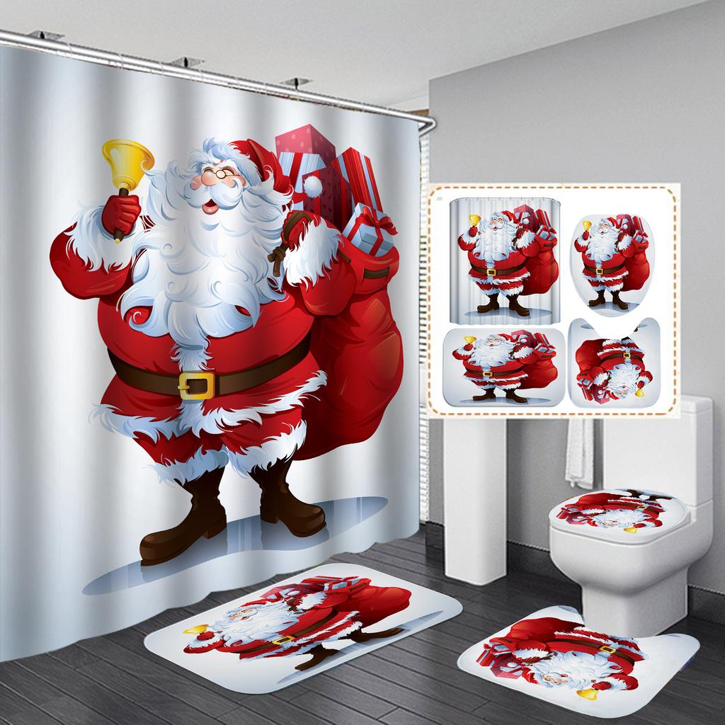 Set Bagno Natale 4 Pezzi: Tenda Doccia Con Tappetini Antiscivolo E Copriwater - Rosso Babbo Natale