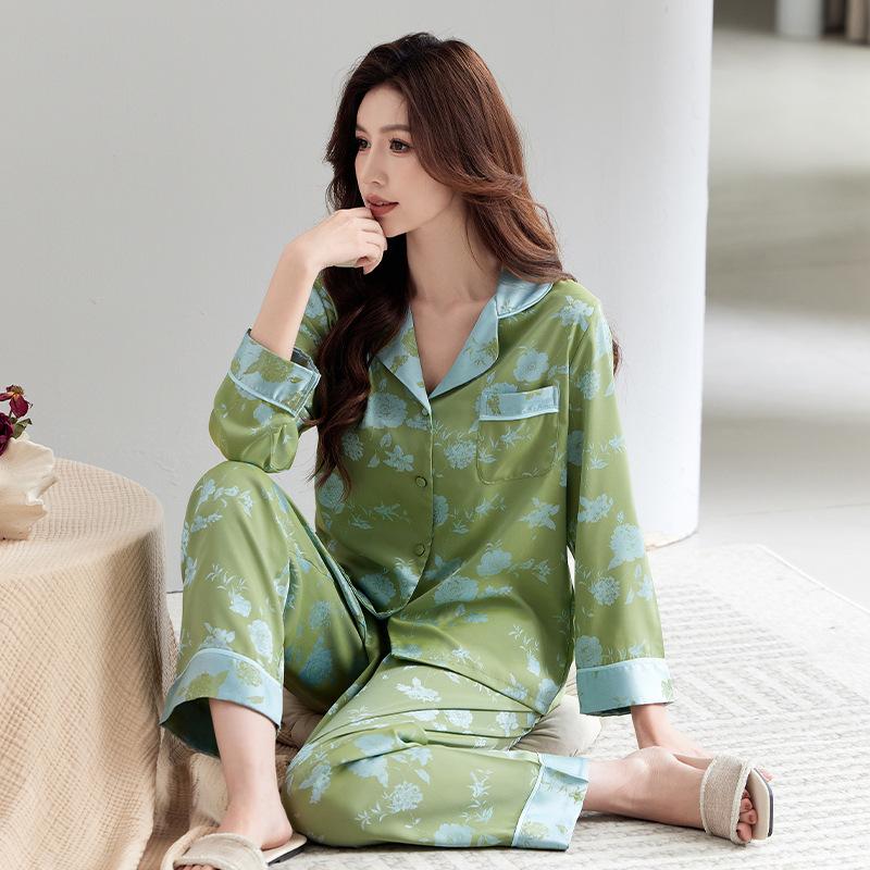Spring new ice silk pajamas women's new Chinese thin long-sleeved jacquard national style cardigan loungewear set can be worn outside
