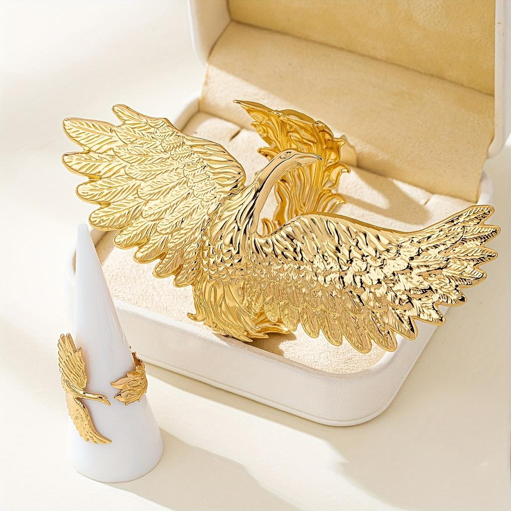 Individuality Exaggerated Punk Style Designed Eagle Open Ring Glossy Ring, Niche Retro Floral Geometric Jewelry Set