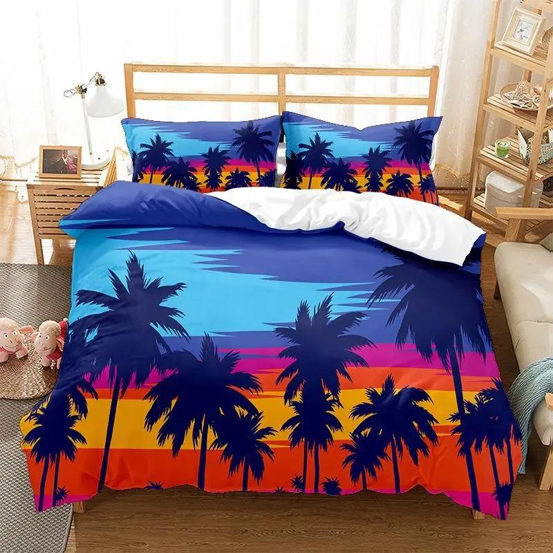 Beach Duvet Cover Twin King Size Microfiber Coconut Palm Trees Bedding Set Sunset Tropical Sandy Beach Landscape Comforter Cover