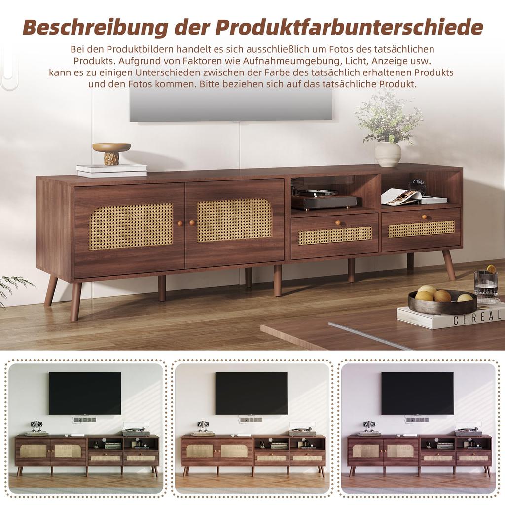 TV Ständer, Lowboard TV Board 2 2 Schublade, Offene Staufächer, TV-Schrank Landhausstil Sideboard, Wohnzimmer Esszimmer, 200cm, Braun