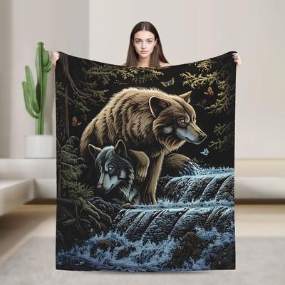 Schwarze Wolfsdruck-Decke - Gemütlich Weich Warm Outdoor Camping Überwurf