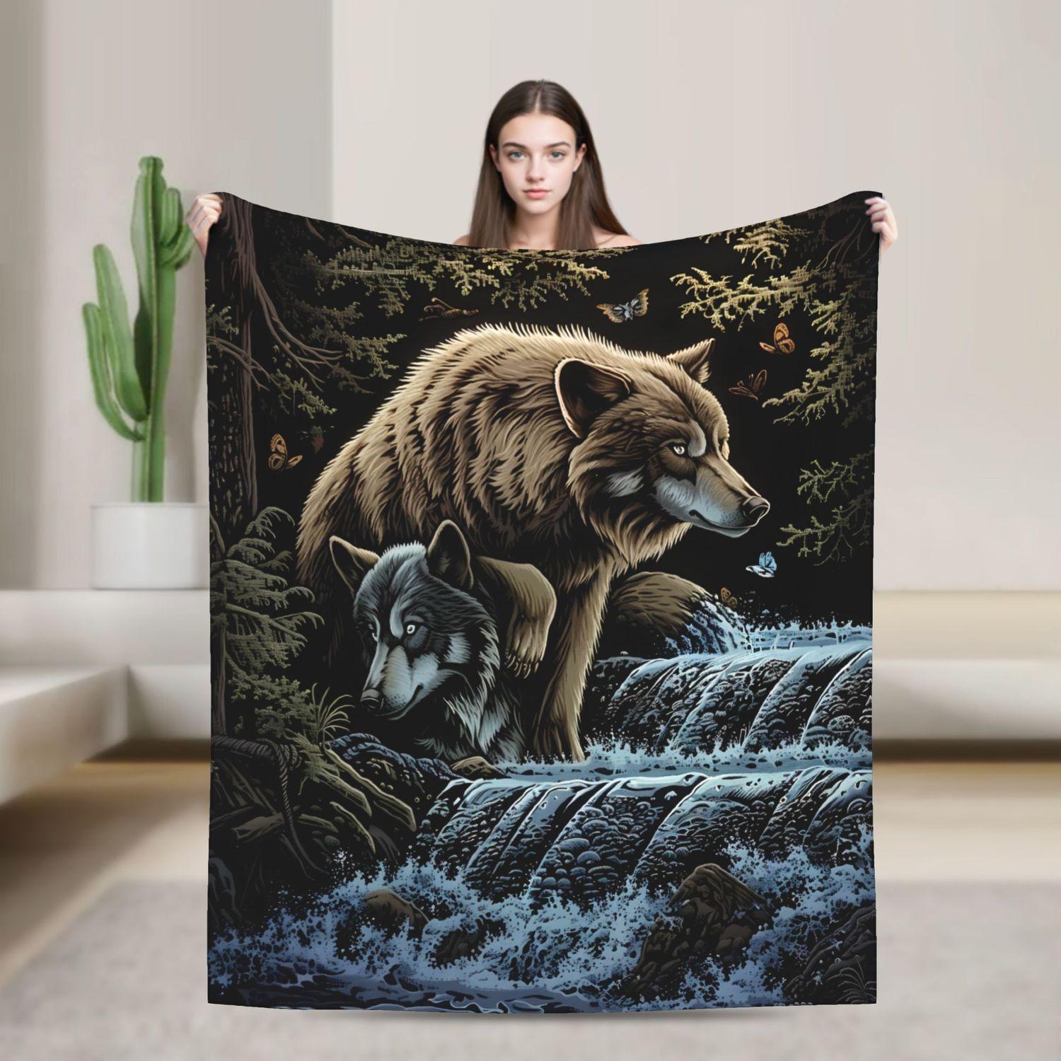 

Black Wolf Print Blanket - Cozy Soft Warm Outdoor Camping Throw 70x100cm