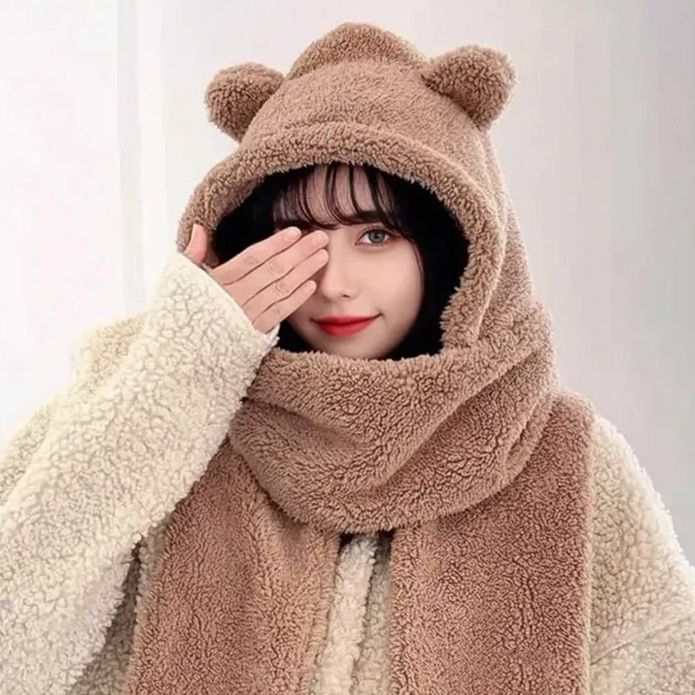 Winter Hat Scarf Gloves Set Bear Ear Protection Warm Windproof Plush Hooded Scarf Mitten Three Piece Set Cute Cartoon Accessory