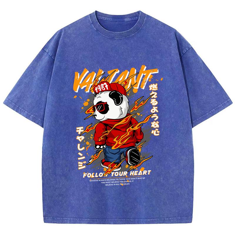 Damen Gewaschene T-Shirts Kung Fu Panda Bedruckte T-Shirts Baumwolle Rundhals Übergröße Tees Vintage Street Damenkleidung