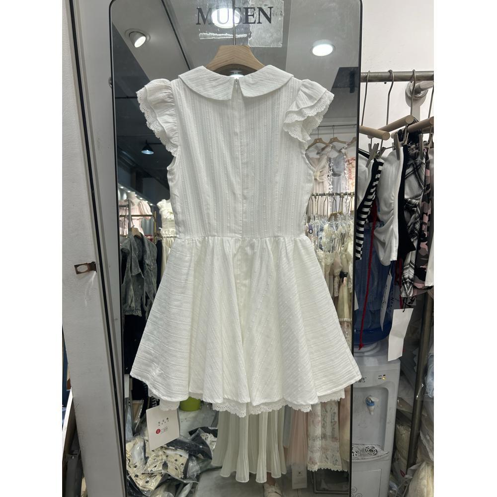 White sweet style girl lapel design dress women's summer lace splicing waist small flying sleeve puffy skirt