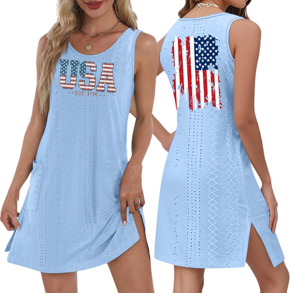 Women's Casual Fashion Breathable Independence Day Printed Pocket Hem Slit Vest Dress