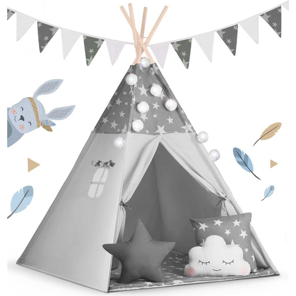 Nukido Children's Teepee Tent With Garland And Lights - Gray With Stars