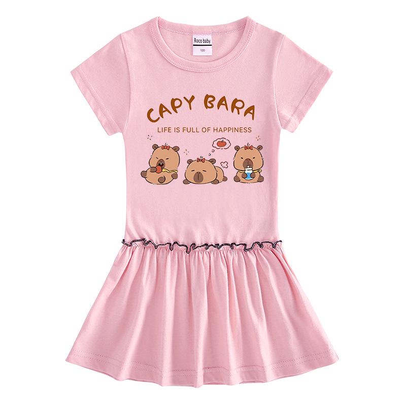 Summer Cartoon Color Block Raglan Dress for Baby Girls - Short Sleeve with Ruffled Pleated Skirt