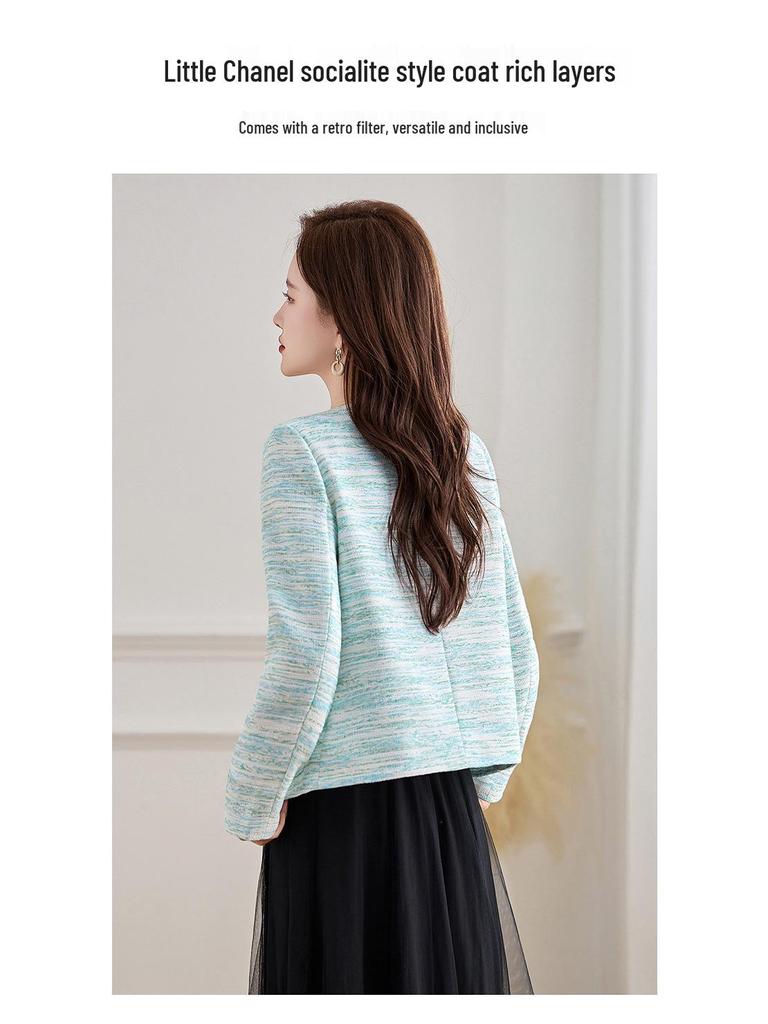 2025 Stylish Striped Beaded Round Neck Short Jacket – Spring & Autumn Collection