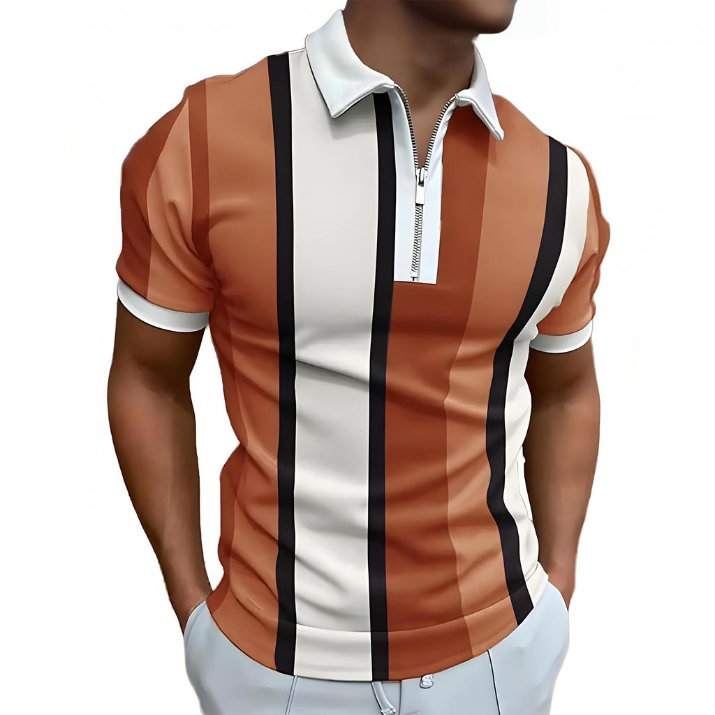 Men's Casual Striped Zipper-Collar Short-Sleeve Shirt
