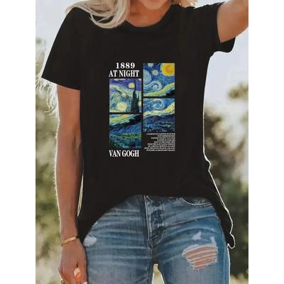 Van Gogh Painting Print T-shirt Spring and Summer Casual Round Neck Short-sleeved Top Women's Clothing