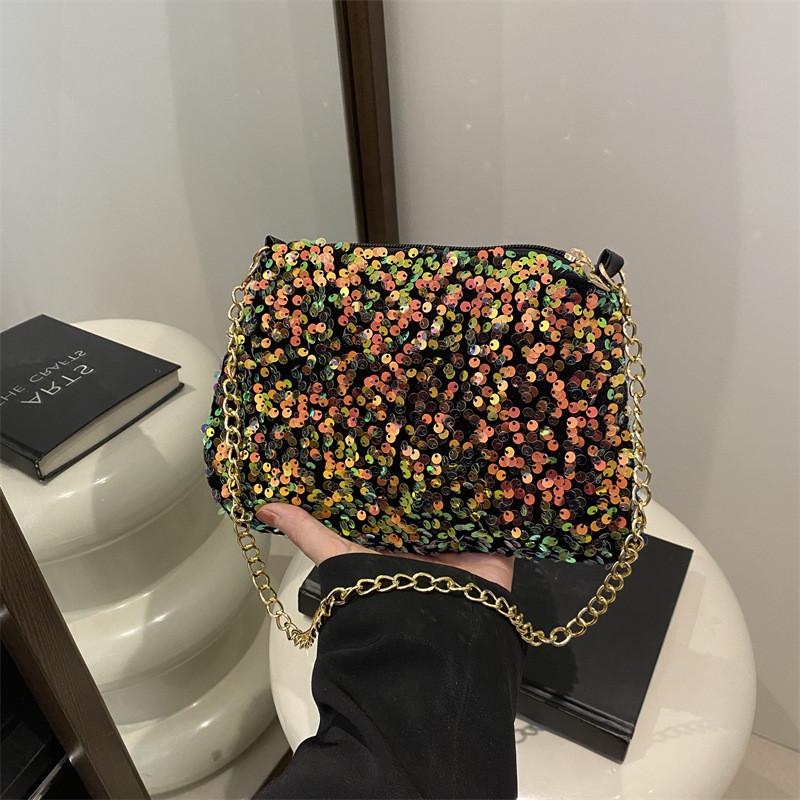 Black And White Sparkly Underarm Bag Women 2024 New Spring Nightclub Chain Small Square Bag Street Fashion