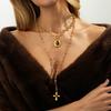 Melard Style Tiger Eye Stone Pendant Cross Necklace for Women Light Luxury Metallic Feel Round Splicing Collarbone Chain Gold Color