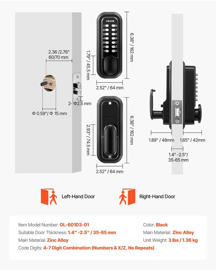 Mechanical Keyless Entry Door Lock, 2.0 Code Upgrade, 4-7 Digits Code, Single-Sided Push Button Combination Mechanical Keypad Door Knob, Auto Locking,