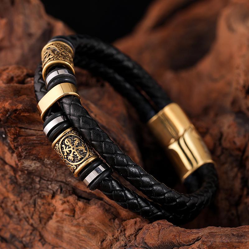Viking Compass Runes Amulet Bracelet for Men Stainless Steel Genuine Leather Norse Mythology Jewelry