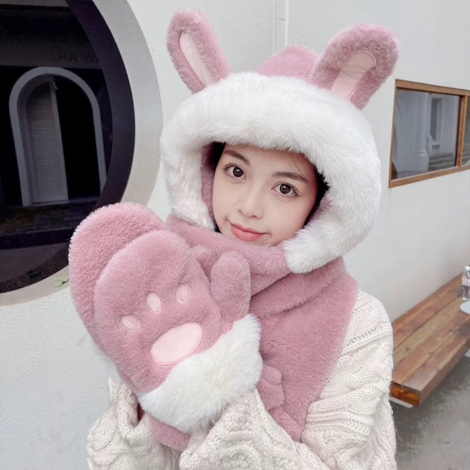 

Women s Winter Hat, Scarf, And Gloves All-in-One Cute Three-Piece Set One Size