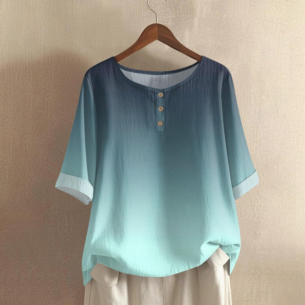 Women's Fashionable And Casual Shirt Half-sleeve Round Neck Print Cotton And Linen Blouse Top