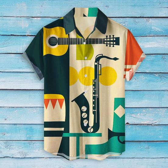Men Beach Shirt 3D Cartoon Print Color Matching Short Sleeves Single-breasted Cardigan Beachwear Loose Turn-down Collar Summer Vacation Shirt