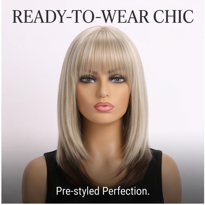 Women's Medium Long Straight Synthetic Wig, Brown Blonde Mix Color, Natural Style, Heat-Resistant Fiber, Adjustable Cap for Daily & Party Occasions
