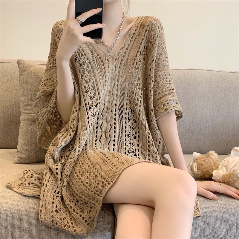 Fashion Loose Hollow Out Sexy Knitted Shirt Women Summer V-neck Casual Sunscreen Blouses Female Short Sleeve Tops