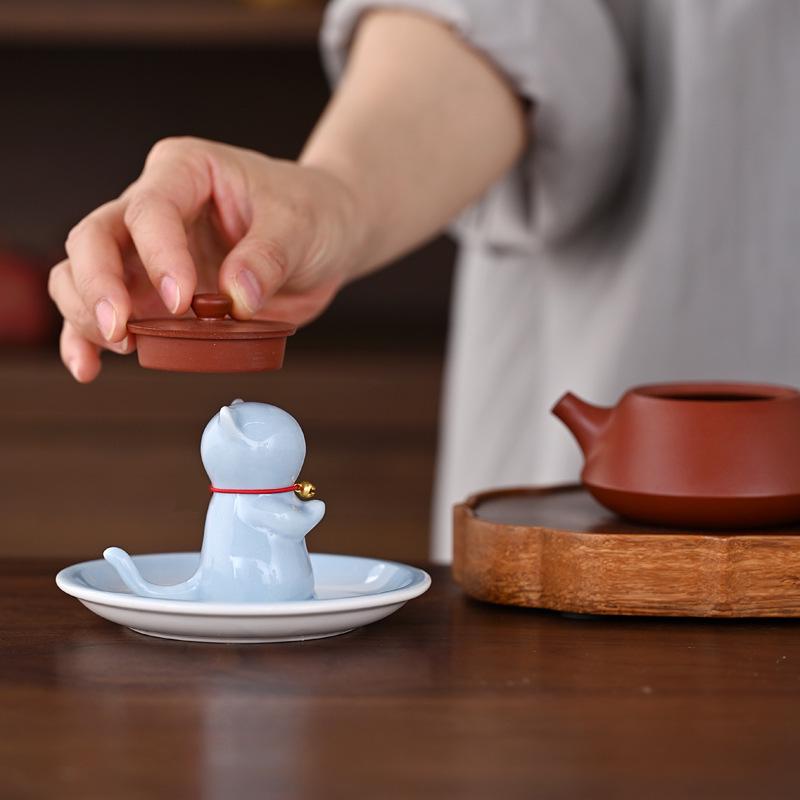Ceramic Kitten Incense Holder & Pen Rest - Cute Cat Teapot Lid & Table Decor