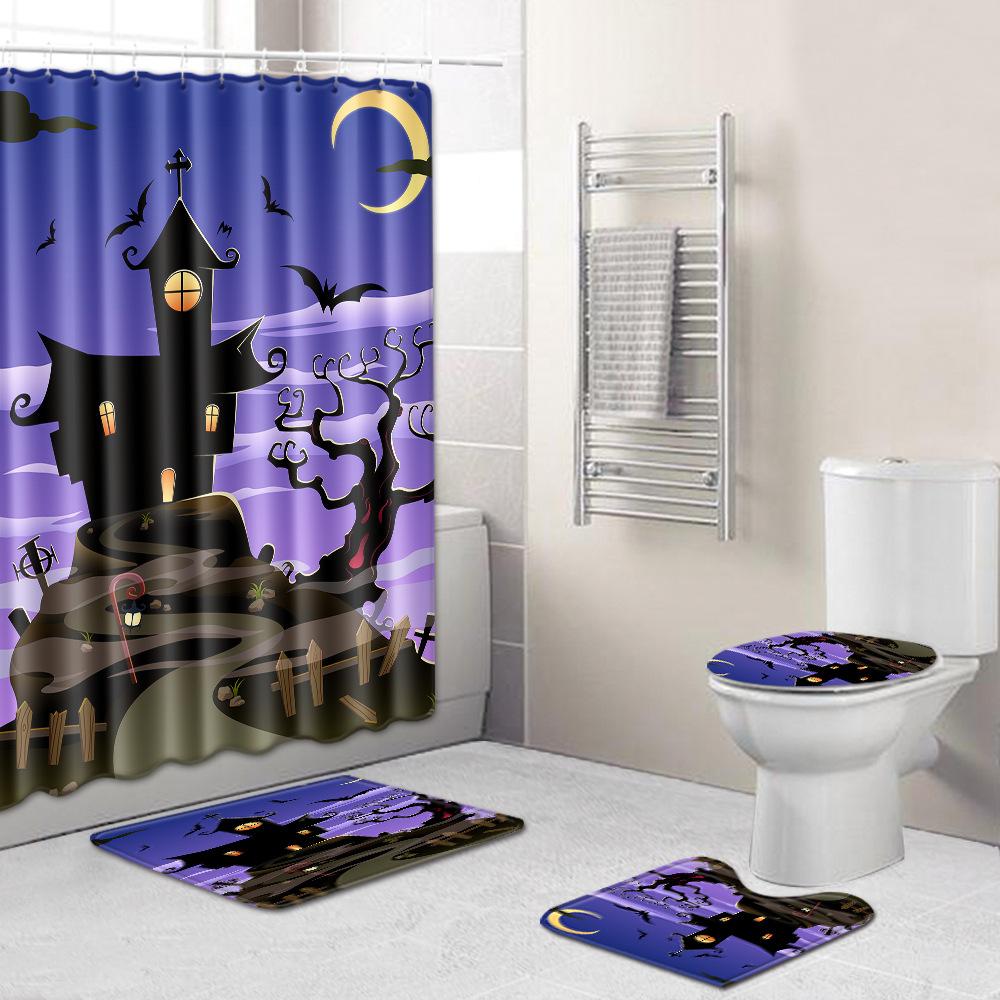 Halloween Shower Curtain Floor Mat Combination Four-Piece Set Bathroom Toilet Carpet Door Mat