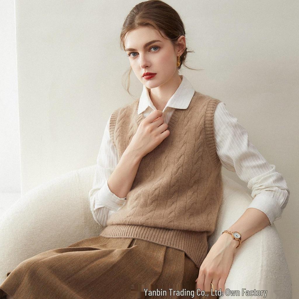 Pure Cashmere V-Neck Cable Knit Vest for Autumn & Winter