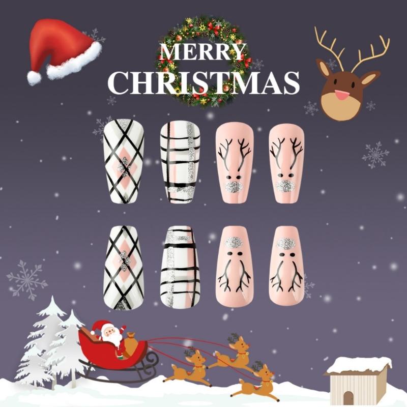 Glittering Christmas Elk Design Press On Nails Long Square Acrylic False Nails With Stripes Pattern 24Pcs Set Nail Art