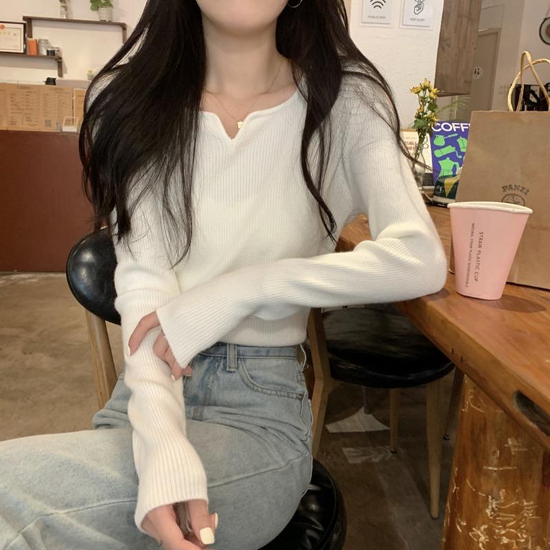 Fashion Square Collar Inner Knitted Pullover Bottoming Sweater Autumn Winter Slim Fit Office Loose Tops Knitwear V Neck Solid Basic Sweet Clothing