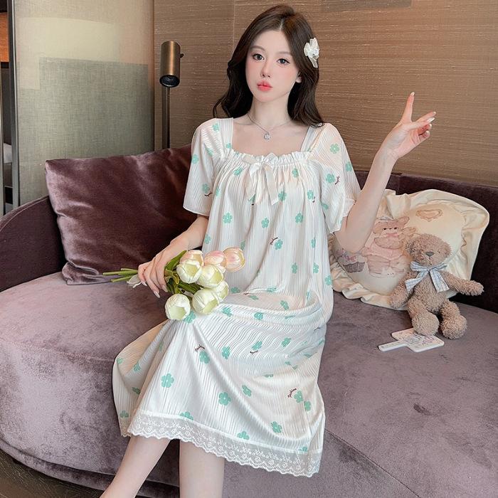 5XL Plus Size Women's Nightgowns Summer Pajamas Korean Style Bubble Short Sleeve Sleep Dress Soft Comfotable Loungewear