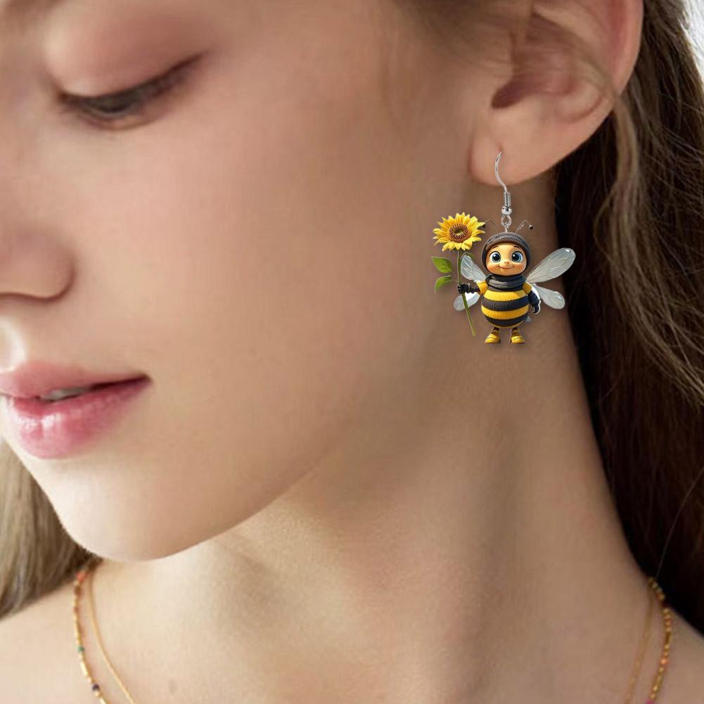 Cute Bee Dangle Earrings For Women Girls Acrylic Honey Bee With Sunflower Design Drop Earrings Halloween Christmas  Jewelry Gift