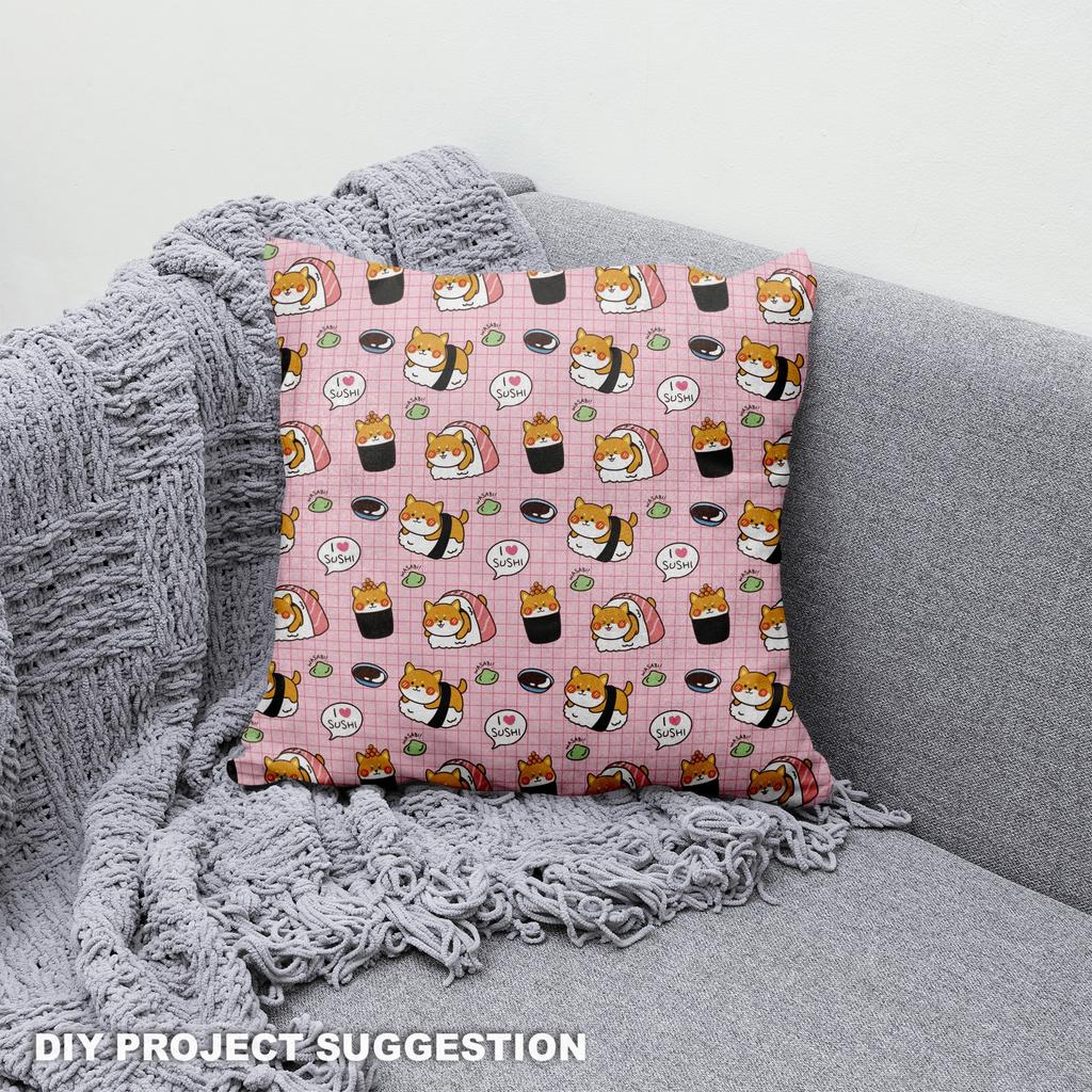 Royal Samt Stoff Polyester Zum Nähen - Motiv Shiba-Inu-Sushi Mit Wasabi