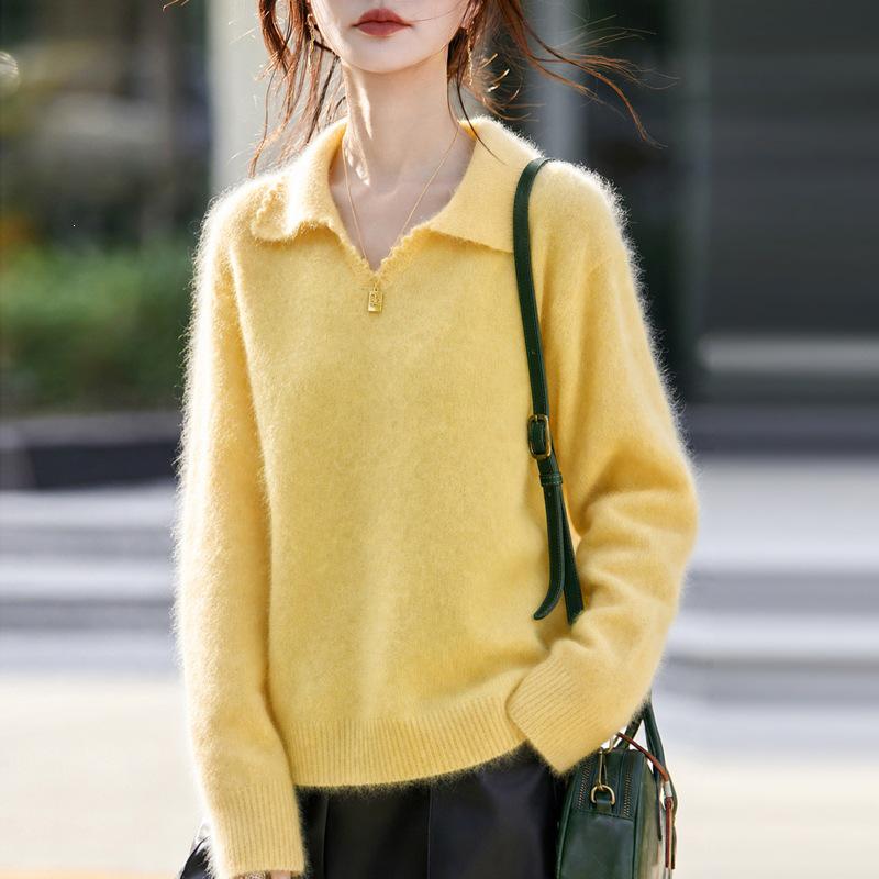 2026 A/W Women's Cashmere Wool Lapel Knit Sweater - Soft Brushed Solid Color, Long Sleeve