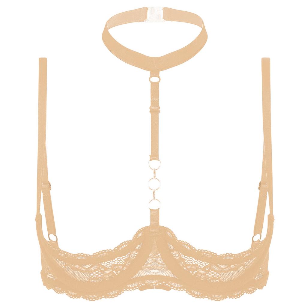 Womens 1/4 Cups Underwire Bra Halter Neck O Ring Sheer Lace Push Up Brassiere Lingerie Underwear