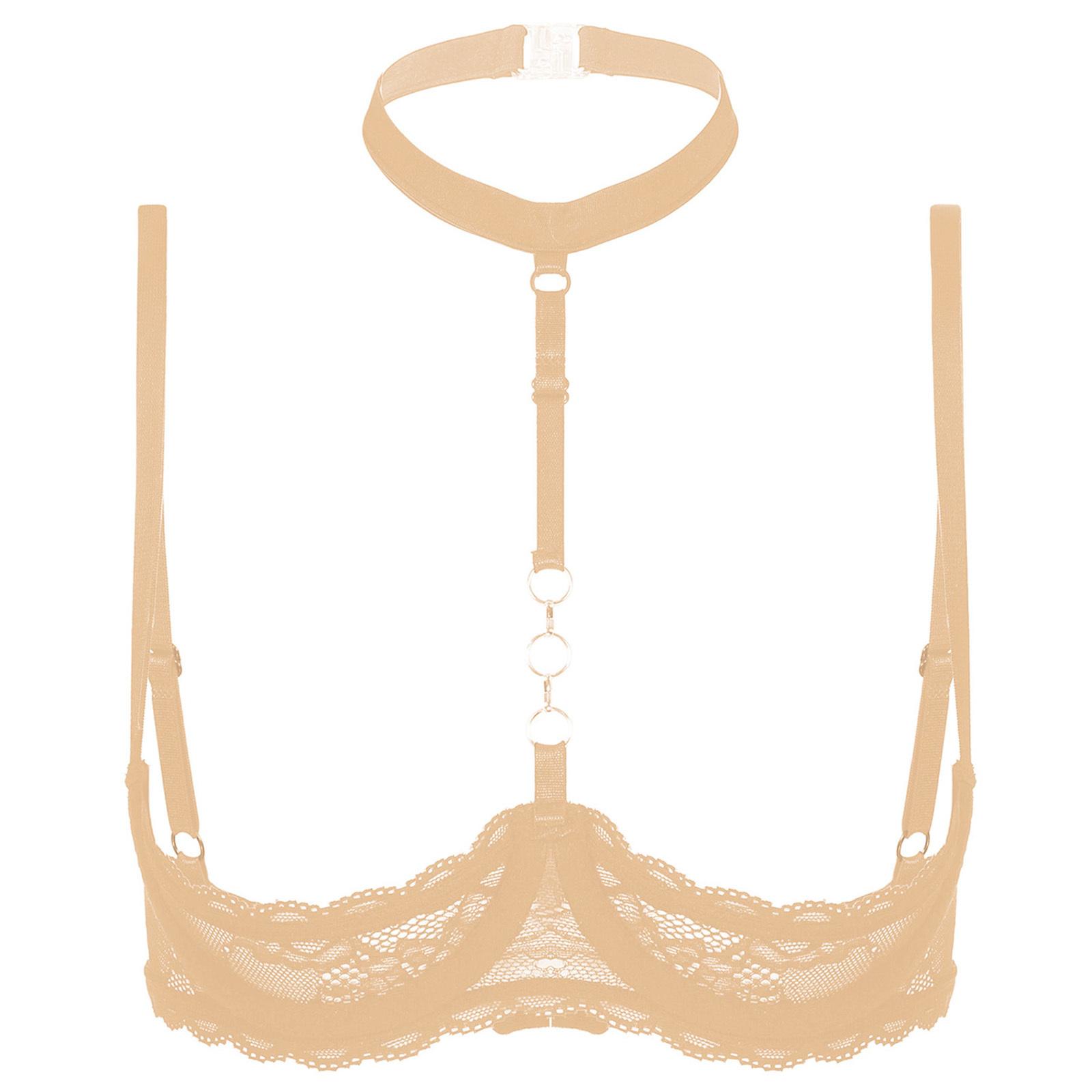 

Жіночий бюстгальтер з кісточками на 1/4 чашки, з бретелями-холтер, з О-кільцем, з прозорого мережива, пуш-ап, білизна S