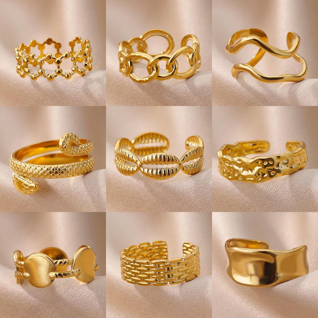 18K Gold Plated Stainless Steel Geometric Open Wide Band Unisex Ring