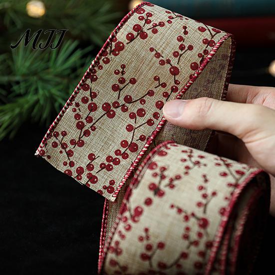 Holiday Theme Fabric Ribbon Christmas Red Berry Ribbon, 2.2 Yards Imitation Linen 2.5 Inch Wide Wired Edge for Bows Gift Box Packaging DIY Wreath Tree
